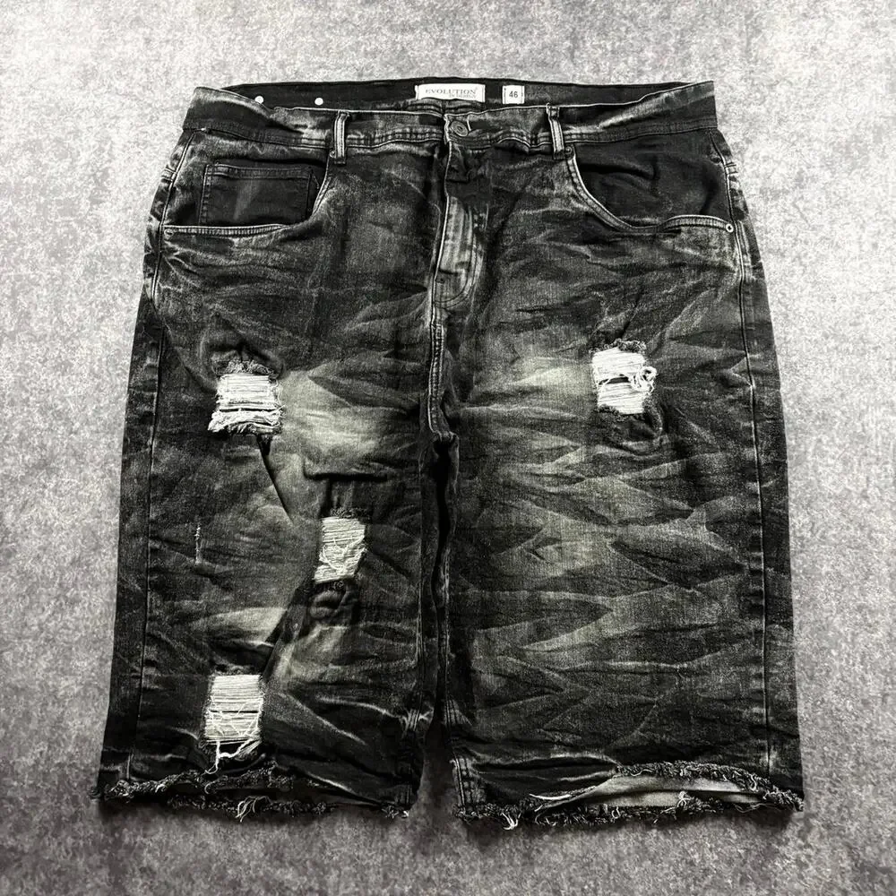 Vintage Evolution In Design Men’s 46 Black Acid Wash Distressed Denim Jorts Y2K
